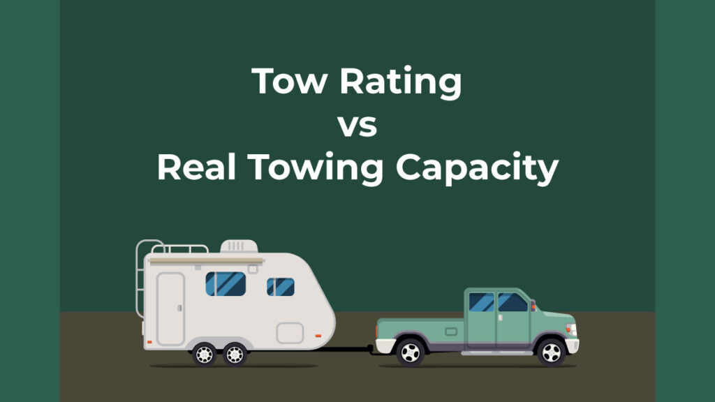 Illustration of a pickup towing a small travel trailer, titled Tow Rating vs Real Towing Capacity