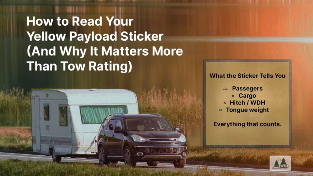 Pickup towing a travel trailer beside a note on what the yellow payload sticker tells you