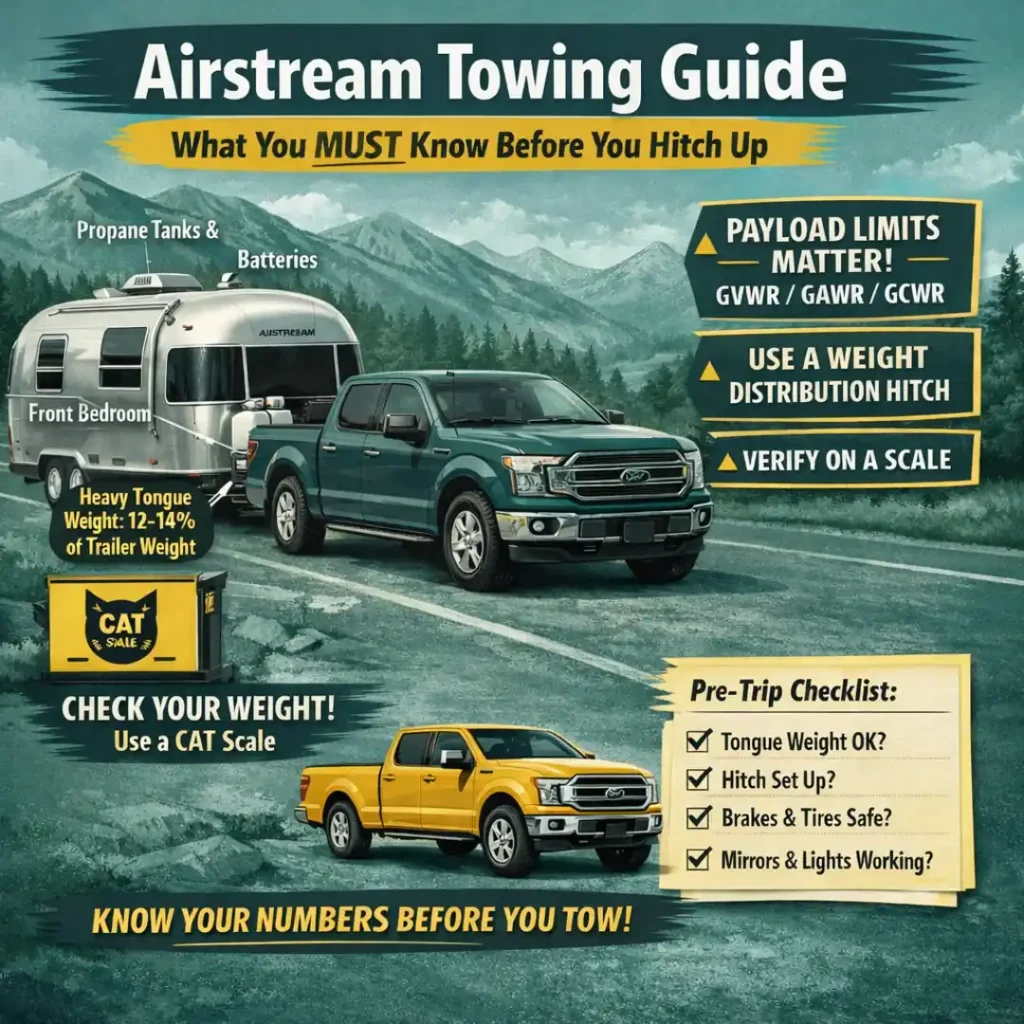 Pickup towing an Airstream trailer with notes on tongue weight, payload limits, weight distribution and a CAT scale