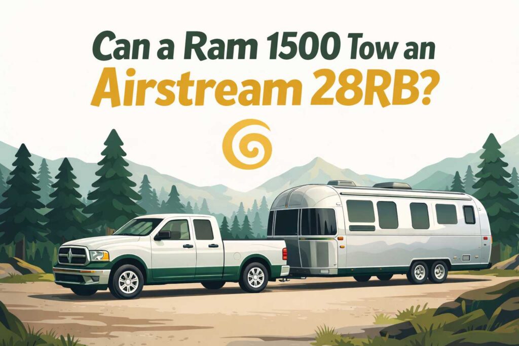 White Ram 1500 towing an Airstream 28RB travel trailer through a forest campground