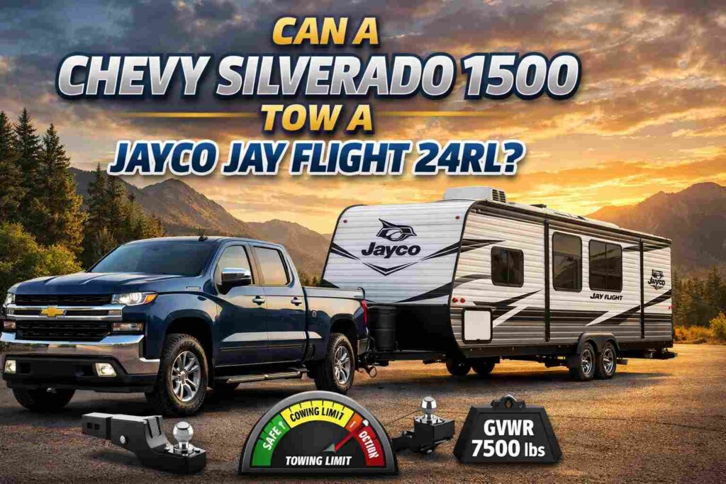Chevy Silverado 1500 towing a Jayco Jay Flight 24RL travel trailer with a payload gauge