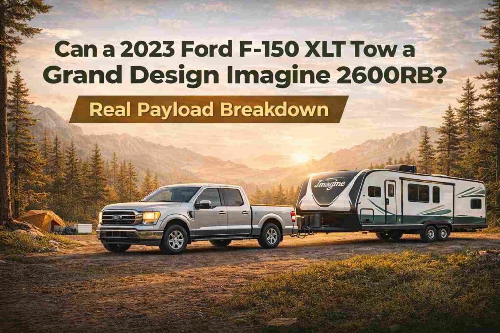 2023 Ford F-150 XLT towing a Grand Design Imagine 2600RB travel trailer at sunset