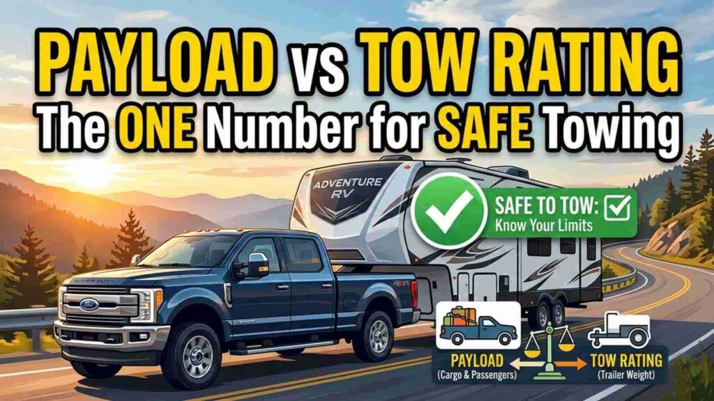 Blue pickup towing a travel trailer, headline Payload vs Tow Rating, the one number for safe towing