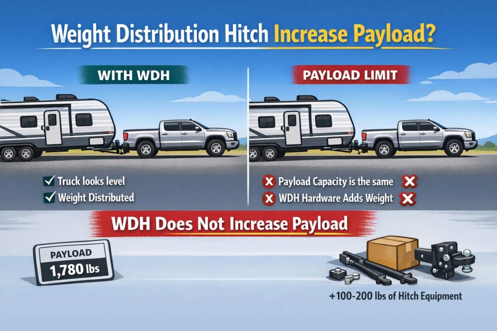 Pickup and travel trailer with and without a weight distribution hitch, showing the hitch does not increase payload