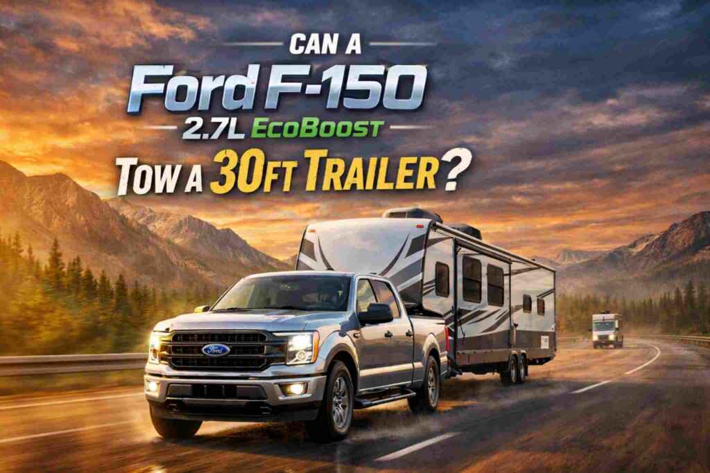 Ford F-150 2.7L EcoBoost towing a 30 ft travel trailer on a highway at sunset