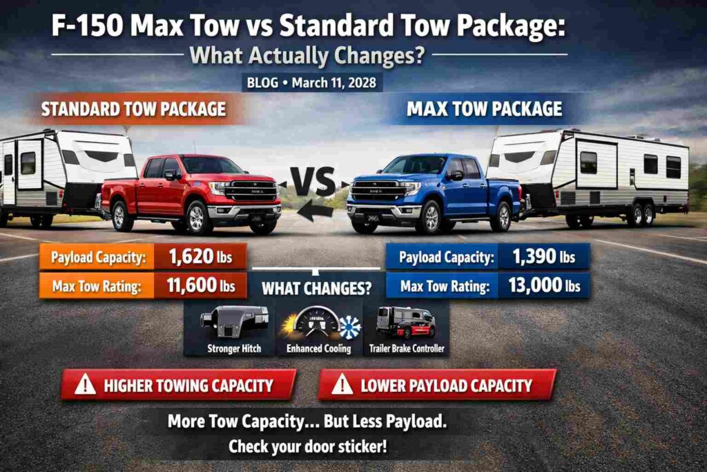 Two Ford F-150s comparing the Standard and Max Tow packages: higher tow rating but lower payload capacity