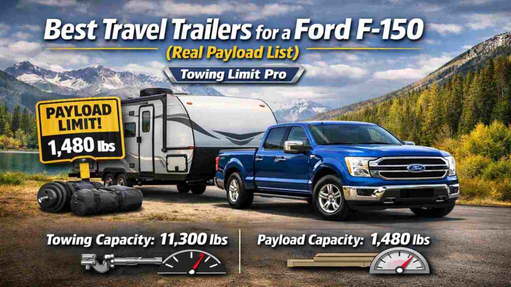 Blue Ford F-150 towing a travel trailer with a 1,480 lb payload limit and 11,300 lb towing capacity