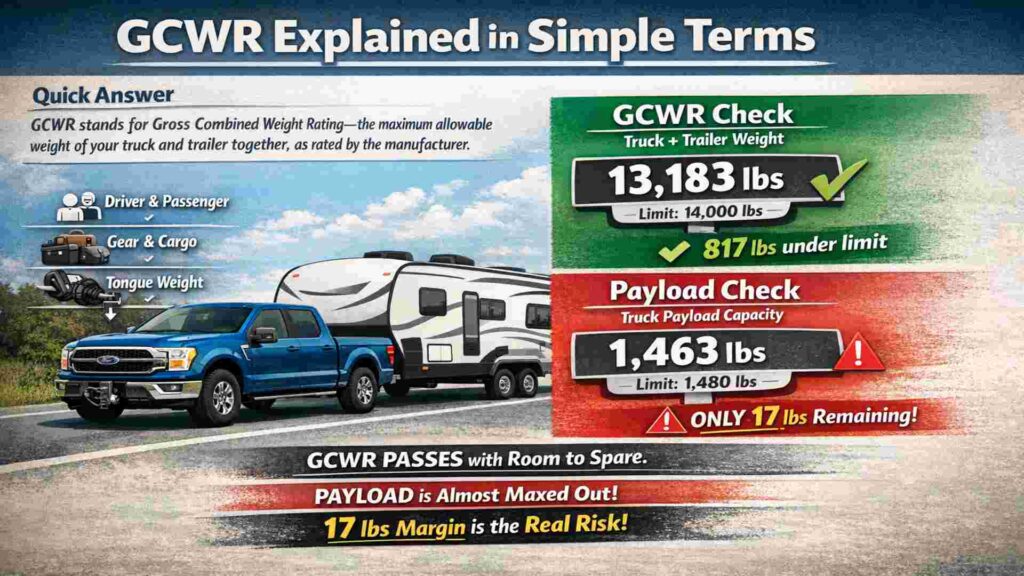 GCWR explained: a pickup and travel trailer pass the 13,183 lb GCWR check but have only 17 lbs of payload left