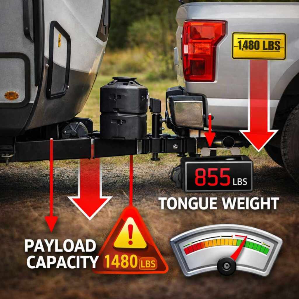 Close-up of a trailer hitch carrying 855 lbs of tongue weight against a truck payload capacity of 1,480 lbs