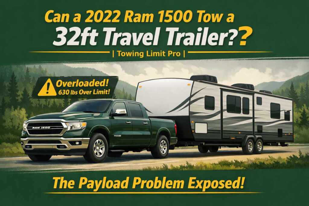 Green 2022 Ram 1500 towing a 32 ft travel trailer with an overloaded payload warning