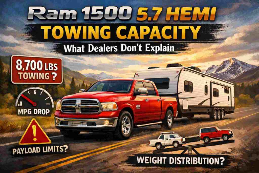 Red Ram 1500 5.7 HEMI towing a travel trailer with an 8,700 lb towing figure and payload limit warning