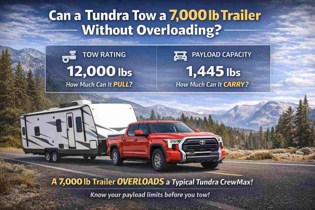 Red Toyota Tundra towing a travel trailer: 12,000 lb tow rating vs 1,445 lb payload capacity