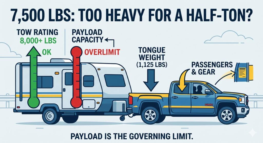 Pickup towing a 7,500 lb travel trailer: tow rating OK, but tongue weight, passengers and gear push payload over the limit