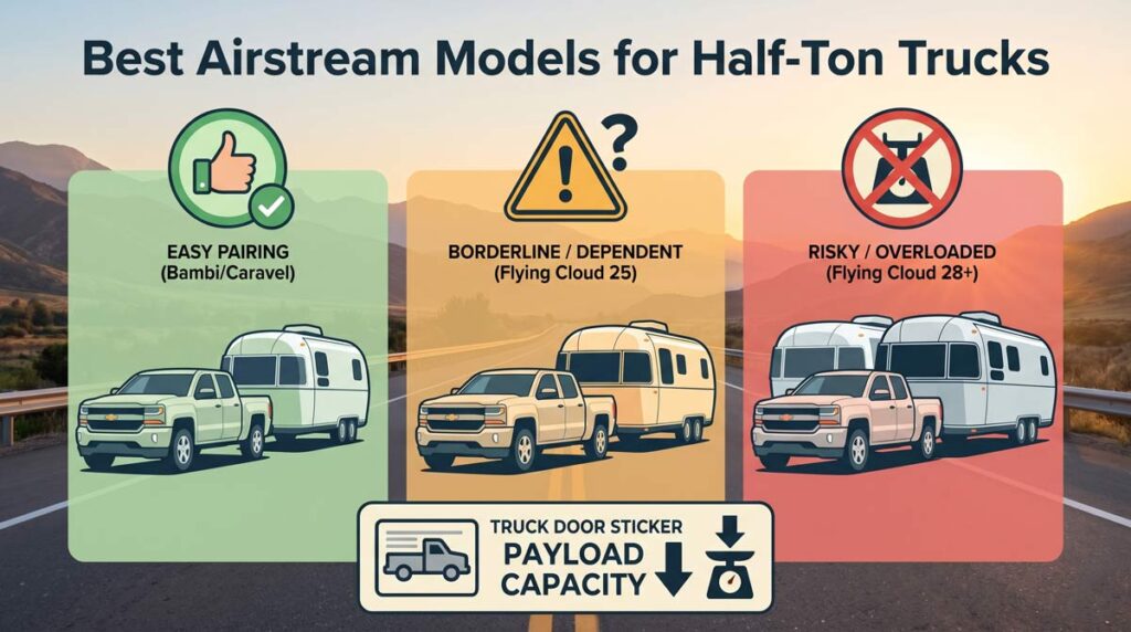 Three pickups towing Airstream trailers, rated easy pairing, borderline or risky for half-ton trucks