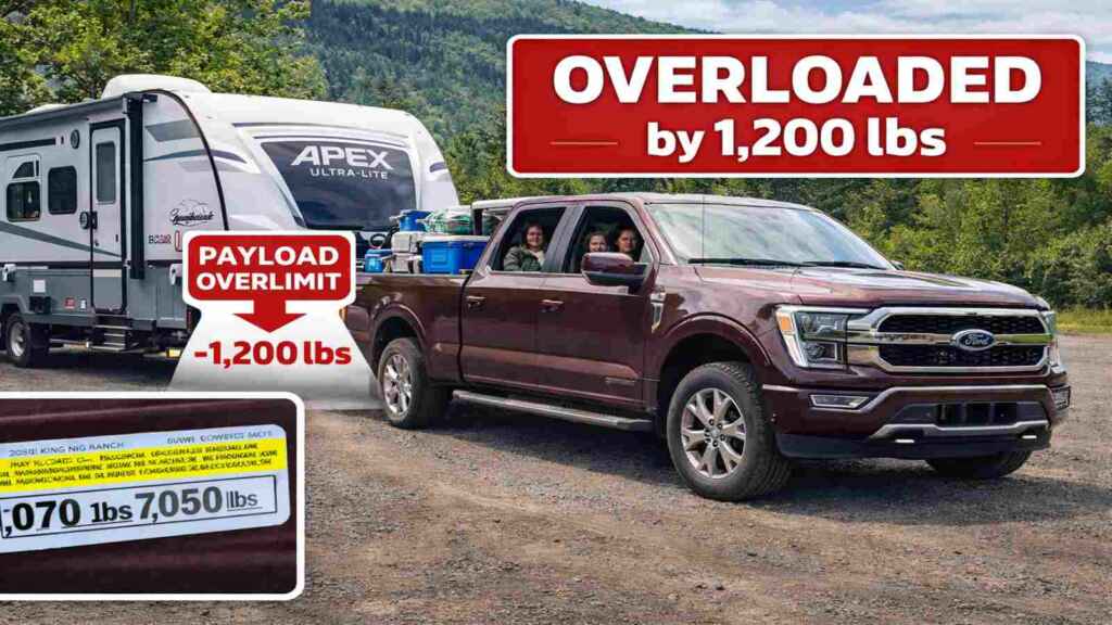 Ford F-150 towing an Apex travel trailer with a payload overlimit warning of -1,200 lbs