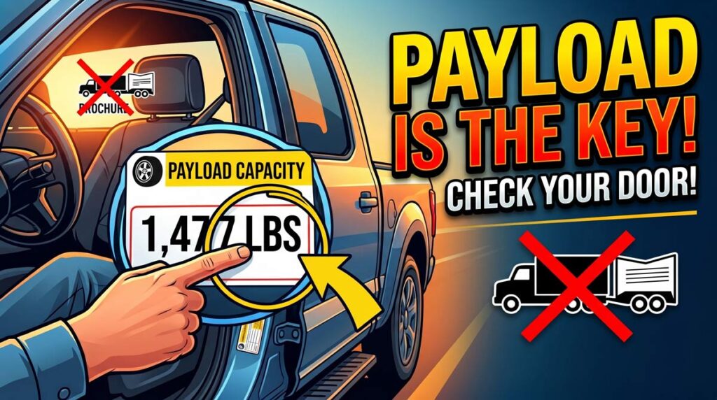 Hand pointing to a 1,477 lb payload capacity on a truck door-jamb sticker, headline Payload Is the Key, check your door