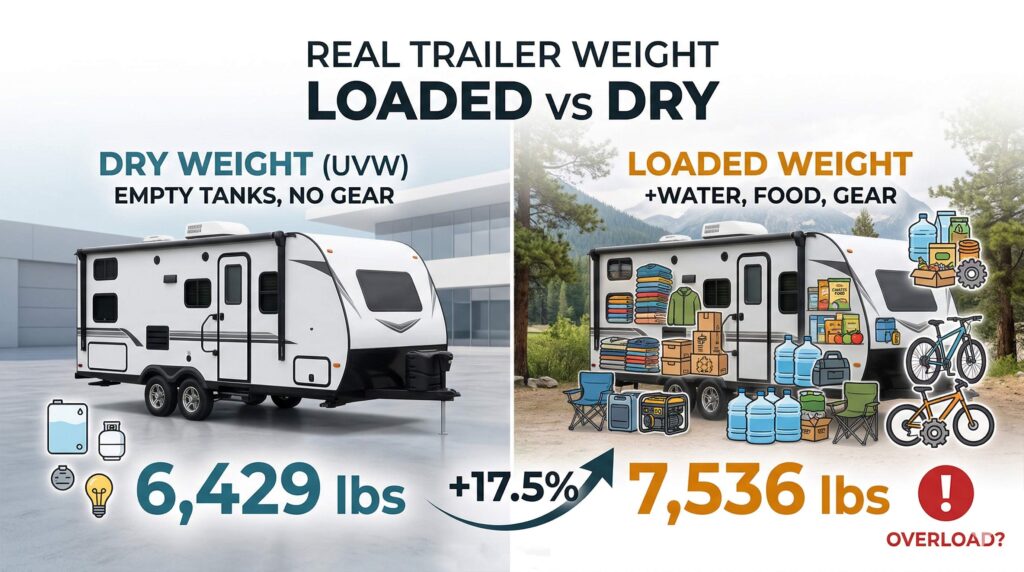 Travel trailer dry weight of 6,429 lbs compared with a loaded weight of 7,536 lbs after water, food and gear