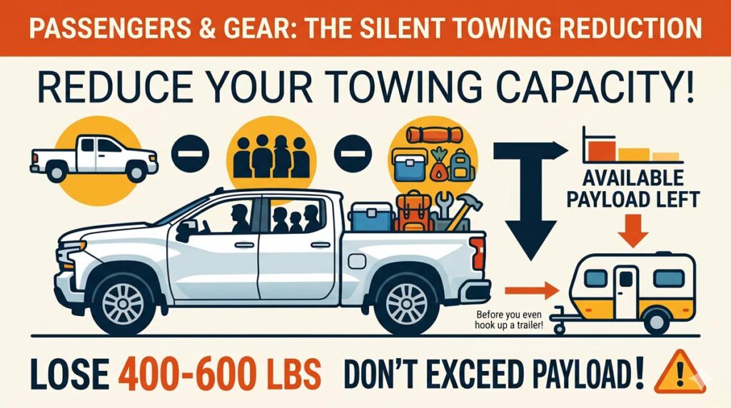 Pickup loaded with passengers and gear before towing a trailer, showing how they reduce available payload by 400-600 lbs