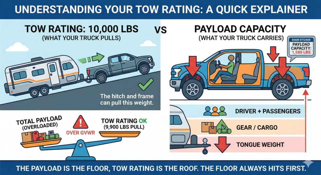 Infographic comparing a 10,000 lb tow rating with payload capacity filled by driver, passengers, cargo and tongue weight