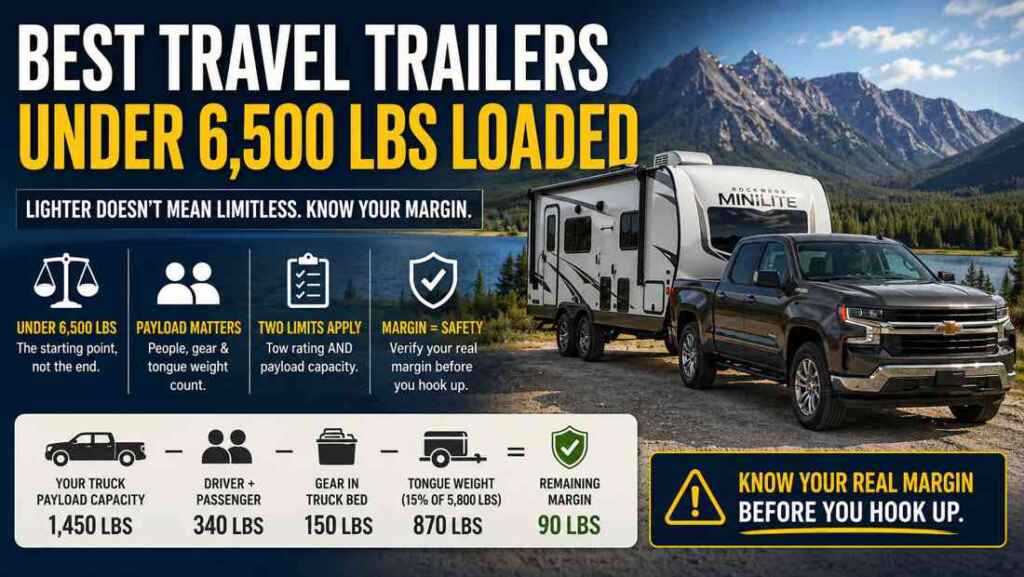 Pickup towing a travel trailer with a payload breakdown showing 90 lbs left from 1,450 lbs for trailers under 6,500 lbs loaded