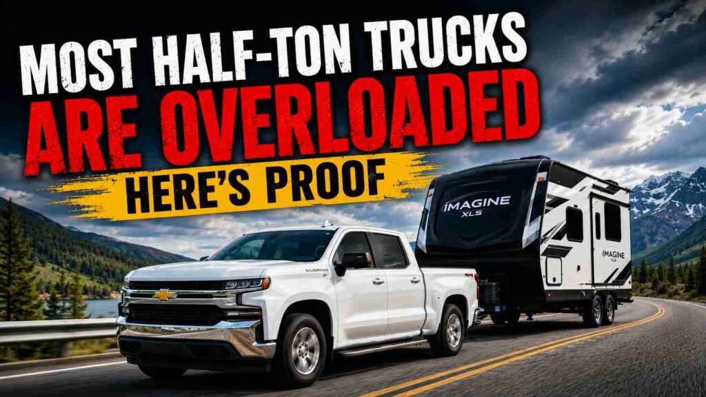 White Chevy Silverado 1500 towing a large travel trailer under the headline Most Half-Ton Trucks Are Overloaded