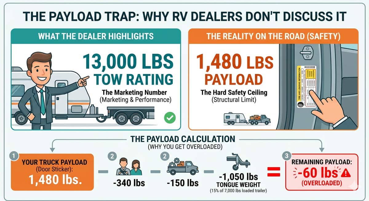 Infographic: dealer highlights a 13,000 lb tow rating while the 1,480 lb payload limit is what actually runs out