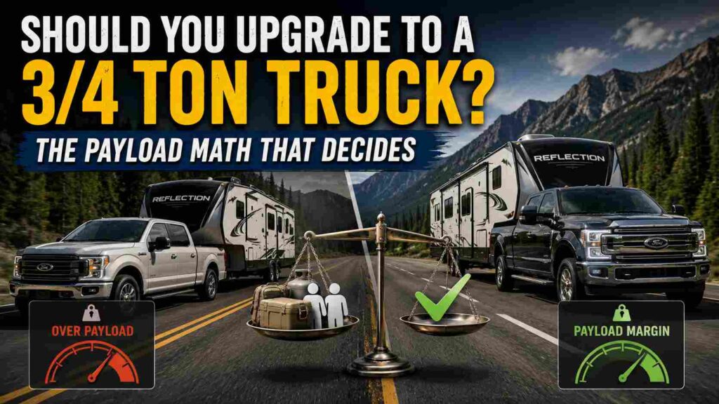 Half-ton and 3/4-ton trucks towing trailers on a mountain road with payload gauges, asking whether to upgrade to a 3/4 ton