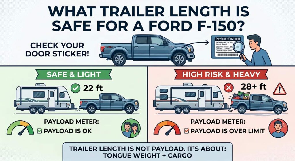 Ford F-150 trailer length guide: a 22 ft trailer keeps payload OK while a 28 ft trailer puts payload over the limit