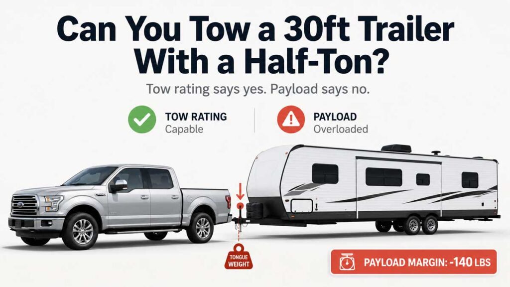 Pickup towing a 30 ft travel trailer: tow rating says capable, payload says overloaded with a -140 lb payload margin