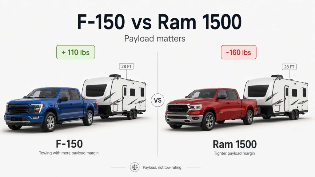 Ford F-150 and Ram 1500 each towing a travel trailer, comparing remaining payload: F-150 +110 lbs, Ram 1500 -160 lbs