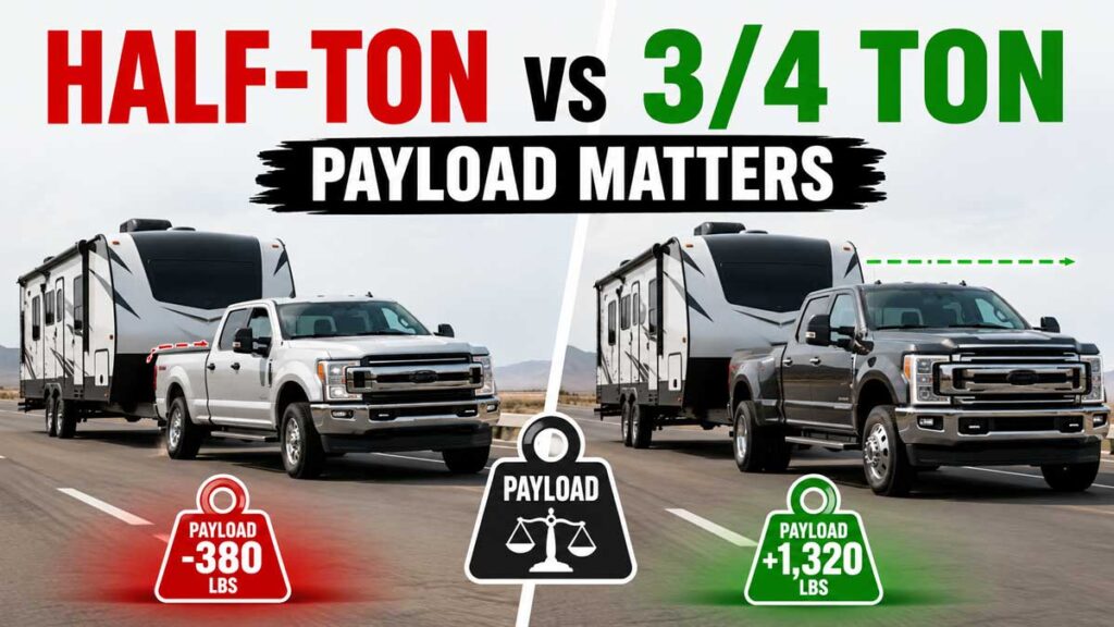 Half-ton and 3/4-ton pickups towing travel trailers: half-ton -380 lbs payload margin vs 3/4-ton +1,320 lbs