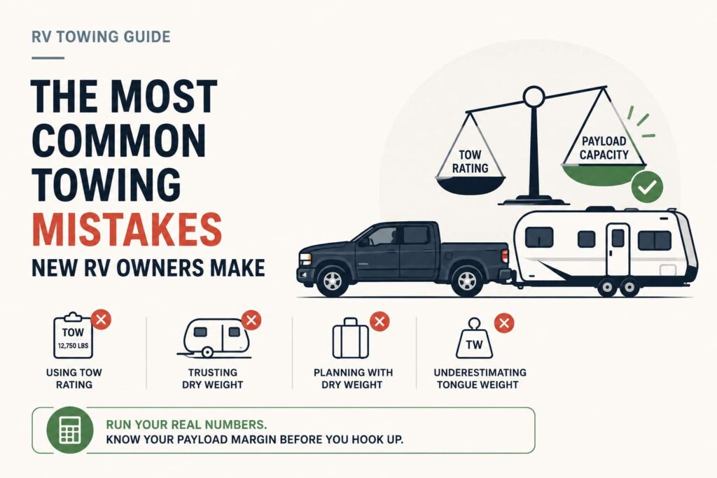Infographic of the most common towing mistakes new RV owners make: using tow rating, trusting dry weight, ignoring tongue weight