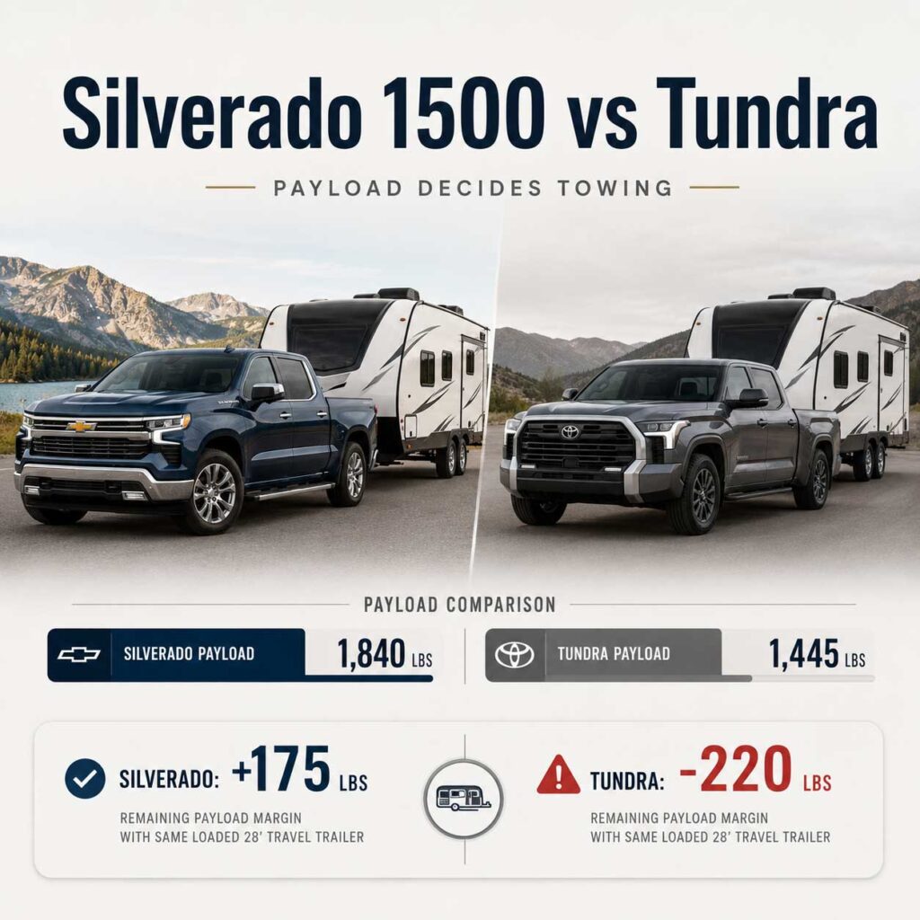 Silverado 1500 and Toyota Tundra towing travel trailers, with door-sticker payload of 1,840 vs 1,445 lbs: Silverado +175 lbs, Tundra -220 lbs