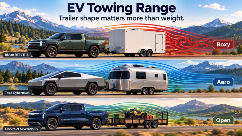 Illustration: Rivian R1T, Tesla Cybertruck and Chevy Silverado EV towing boxy, aerodynamic and open trailers. Trailer shape matters more than weight.