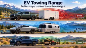 Illustration: Rivian R1T, Tesla Cybertruck and Chevy Silverado EV towing boxy, aerodynamic and open trailers. Trailer shape matters more than weight.