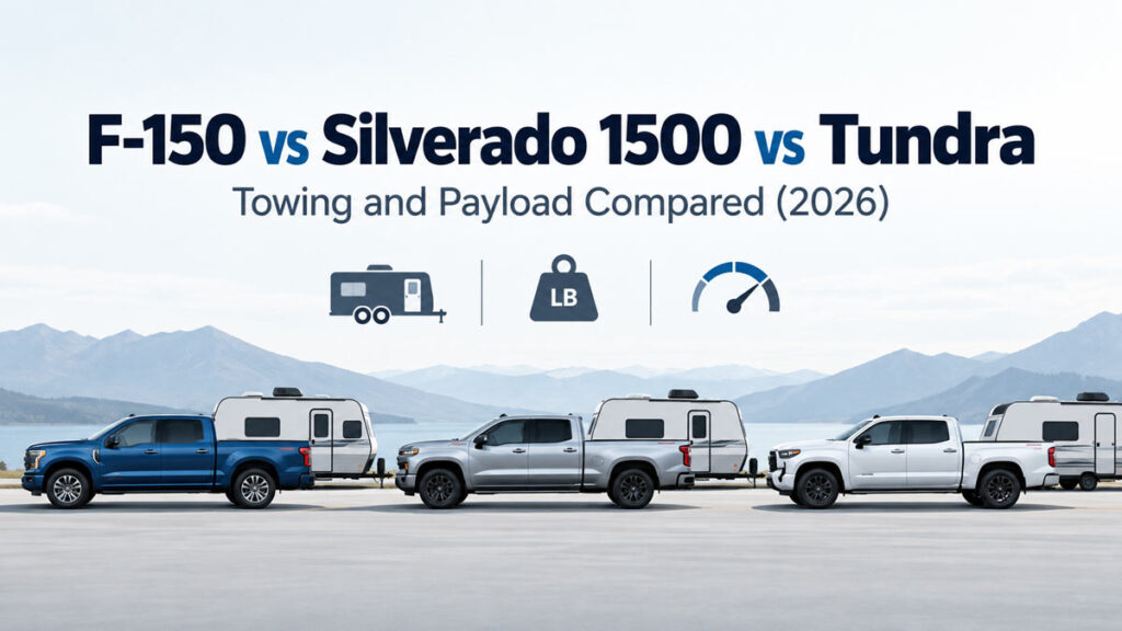2026 Ford F-150, Chevy Silverado 1500 and Toyota Tundra towing travel trailers