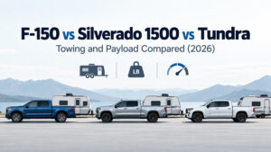 2026 Ford F-150, Chevy Silverado 1500 and Toyota Tundra towing travel trailers