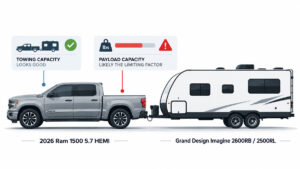 Infographic: silver 2026 Ram 1500 5.7 HEMI pickup towing a Grand Design Imagine 2600RB / 2500RL travel trailer, with callouts saying towing capacity looks good but payload capacity is likely the limiting factor
