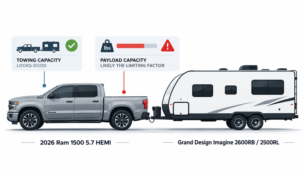 Infographic: silver 2026 Ram 1500 5.7 HEMI pickup towing a Grand Design Imagine 2600RB / 2500RL travel trailer, with callouts saying towing capacity looks good but payload capacity is likely the limiting factor