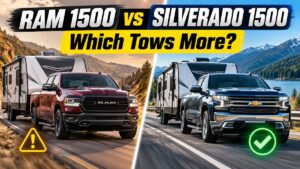 Red Ram 1500 and blue Chevy Silverado 1500 each towing a travel trailer, with the headline "Which Tows More?"