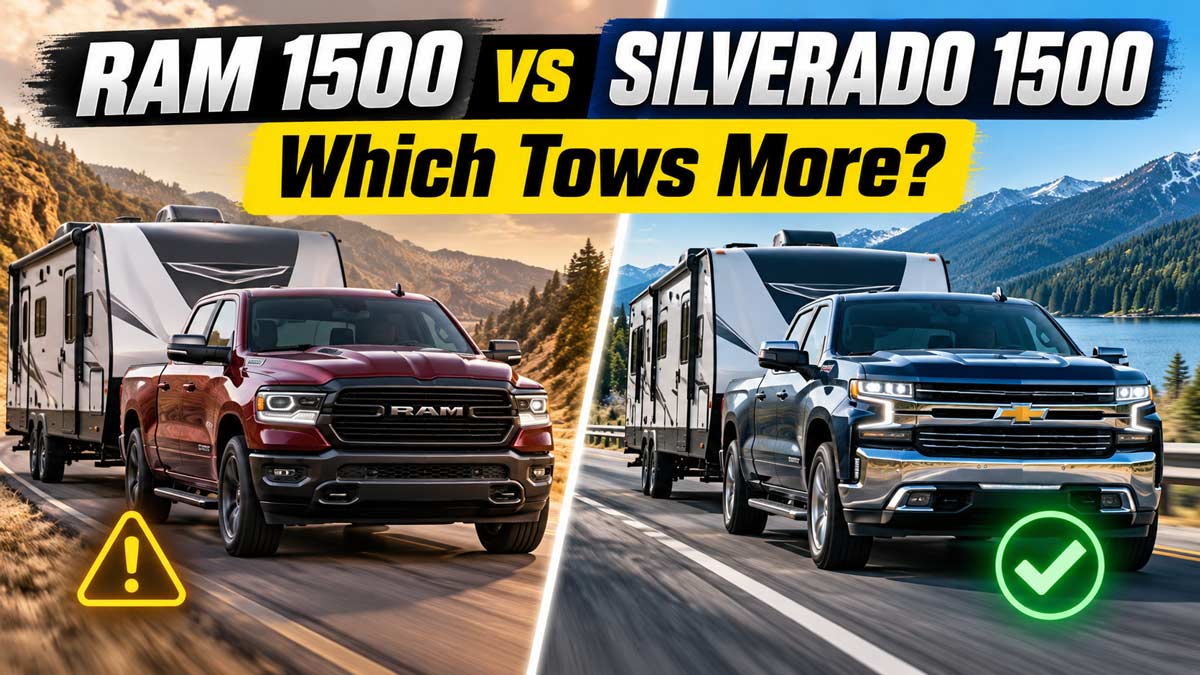Red Ram 1500 and blue Chevy Silverado 1500 each towing a travel trailer, with the headline "Which Tows More?"