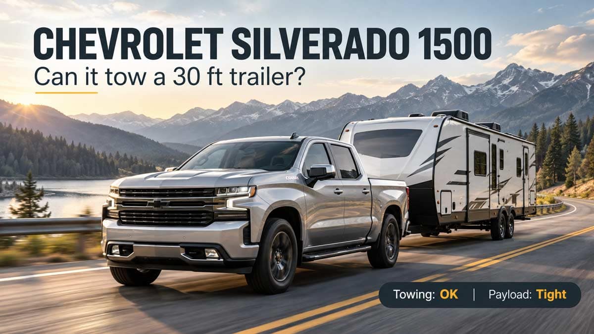 Silver Chevrolet Silverado 1500 crew cab towing a travel trailer on a mountain highway, with the question "Can it tow a 30 ft trailer?" and a badge reading Towing: OK, Payload: Tight