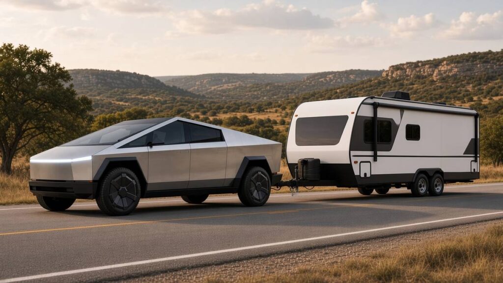 Illustration of a Tesla Cybertruck towing a modern travel trailer on a Texas Hill Country highway