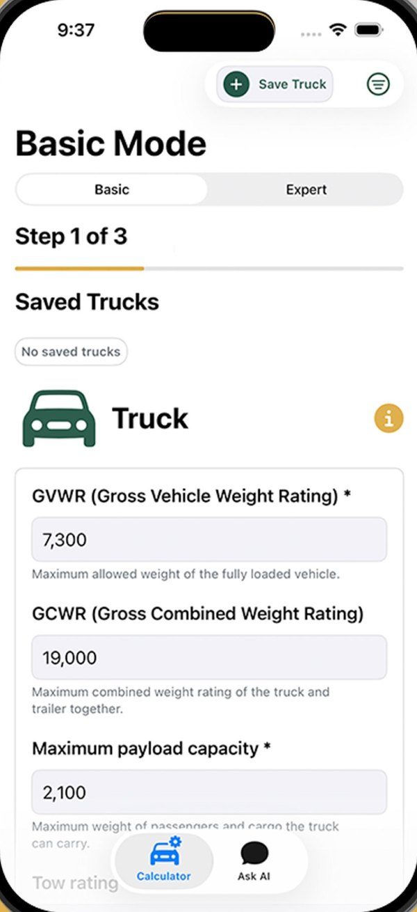 Basic Mode step 1: GVWR, GCWR and maximum payload fields