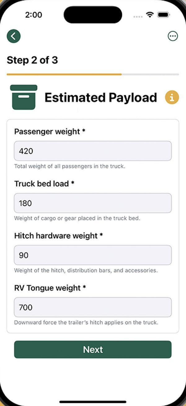 Basic Mode step 2: passengers, bed load, hitch hardware and RV tongue weight